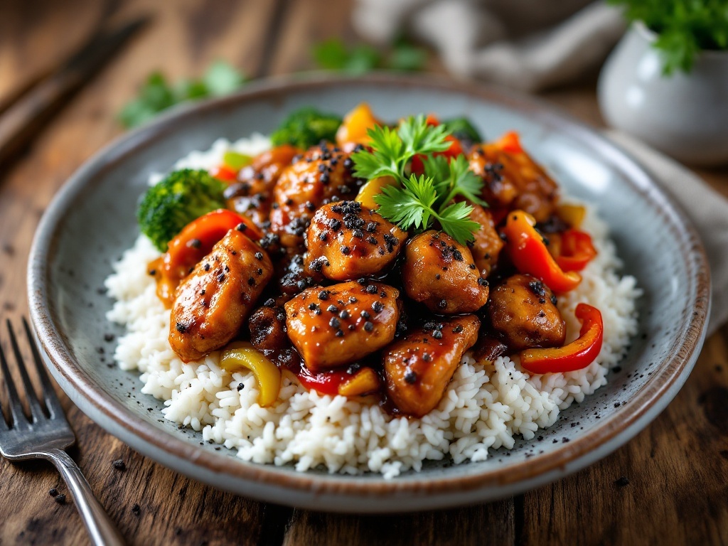 Savory Black Pepper Chicken Delight Plate of savory black pepper chicken with vegetables and rice on a rustic wooden table.